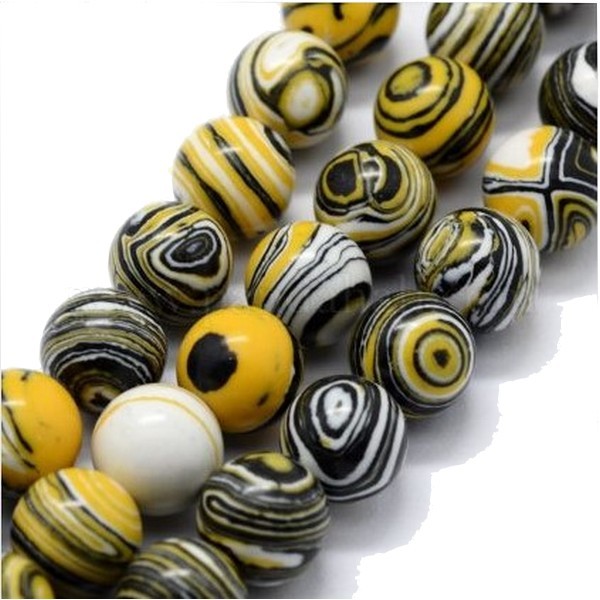 Fil de 60 perles ronde Malachite synthétique fabrication bijoux 6 mm JAUNE NOIR BLANC - Photo n°1