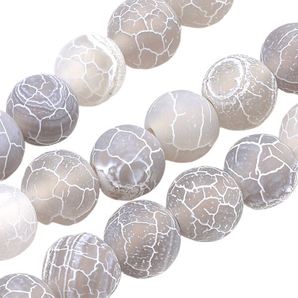 Fil de 46 perles ronde en pierre naturelle AGATE CRAQUELLE MAT 8 mm GRIS - Photo n°2