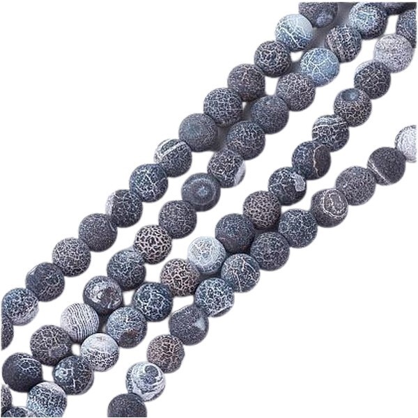 Fil de 46 perles ronde en pierre naturelle AGATE CRAQUELLE MAT 8 mm NOIR - Photo n°2
