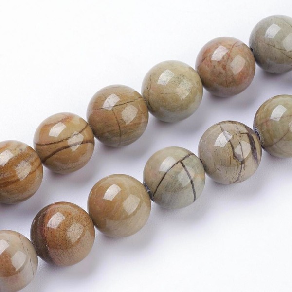 Fil de 60 perles ronde en pierre naturelle JASPE FEUILLE D ARGENT 6 mm - Photo n°2