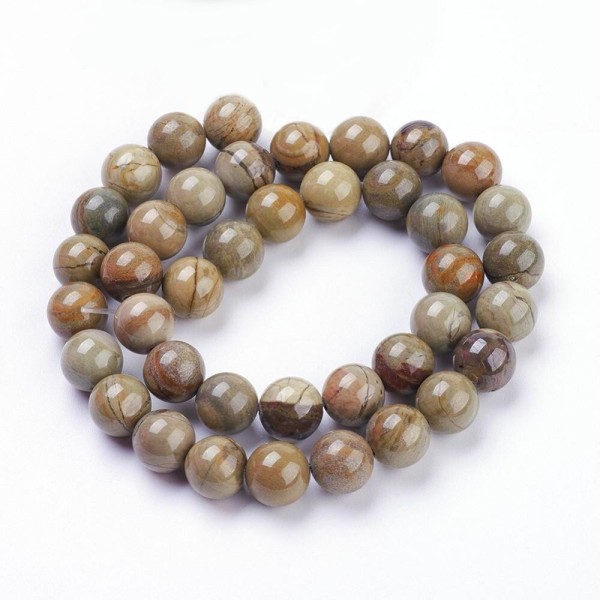 Fil de 60 perles ronde en pierre naturelle JASPE FEUILLE D ARGENT 6 mm - Photo n°1