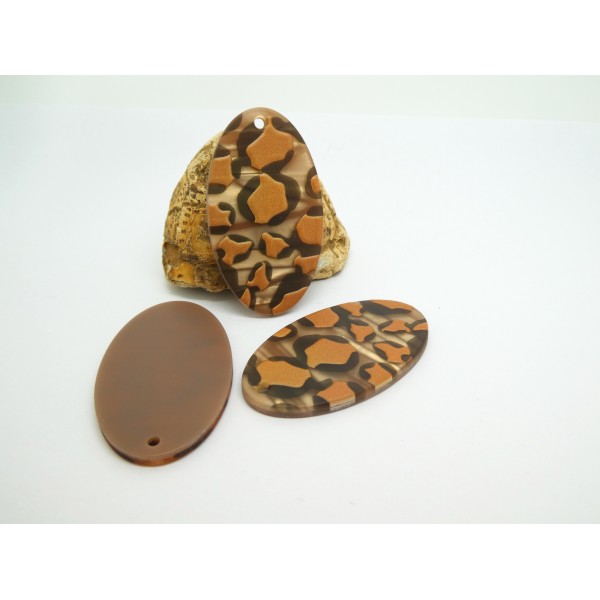 2 Pendentifs ovales en acrylique 45*25mm imprimé léopard marron et ocre - Photo n°1