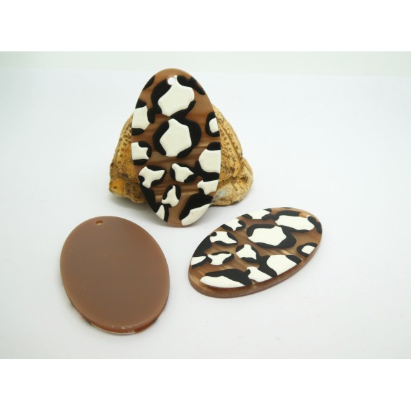 2 Pendentifs ovales en acrylique 45*25mm imprimé léopard marron et blanc - Photo n°1