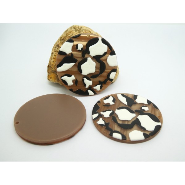 2 Pendentifs ronds en acrylique 35mm imprimé léopard marron et blanc - Photo n°1