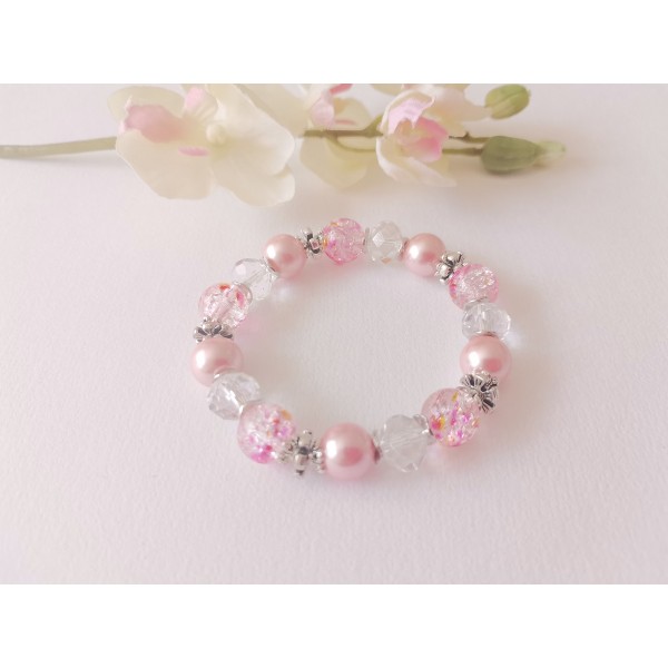 Kit bracelet fil élastique perles en verre rose et cristal - Photo n°2