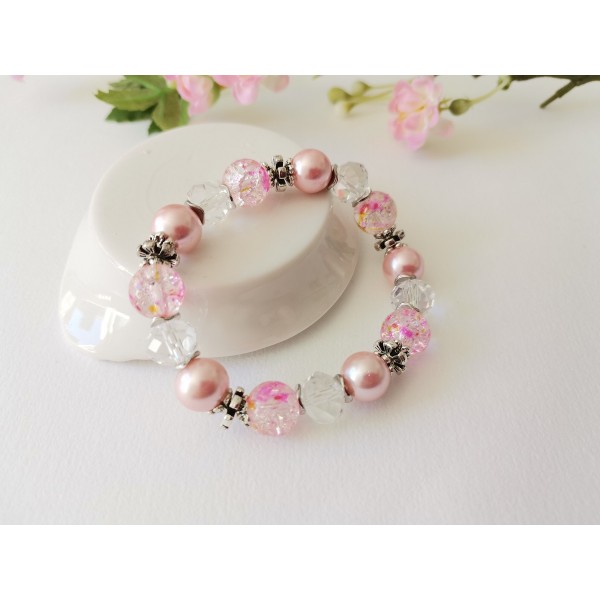 Kit bracelet fil élastique perles en verre rose et cristal - Photo n°3