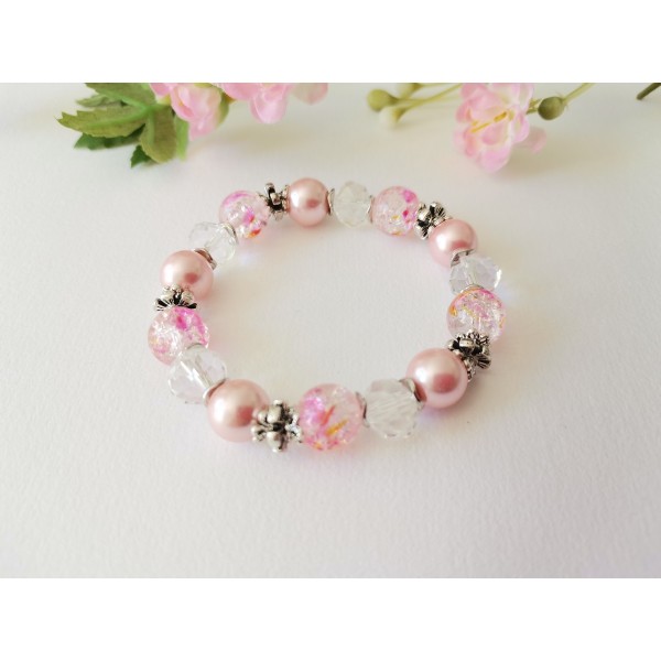 Kit bracelet fil élastique perles en verre rose et cristal - Photo n°1