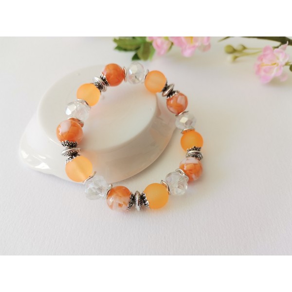 Kit bracelet fil élastique perles en verre orange et cristal - Photo n°2