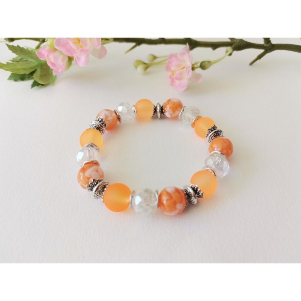 Kit bracelet fil élastique perles en verre orange et cristal - Photo n°1