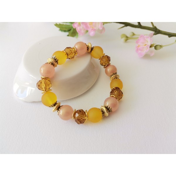 Kit bracelet fil élastique perles en verre moutarde, ambre et saumon - Photo n°2