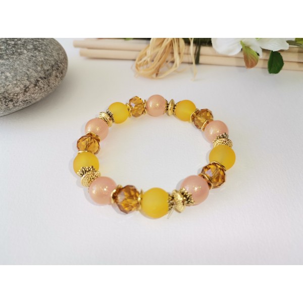 Kit bracelet fil élastique perles en verre moutarde, ambre et saumon - Photo n°3
