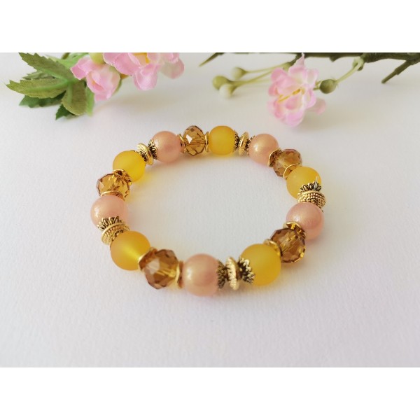 Kit bracelet fil élastique perles en verre moutarde, ambre et saumon - Photo n°1