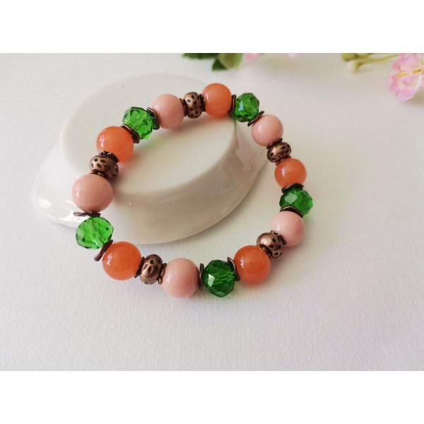 Kit bracelet fil élastique perles en verre vert, orange et rose - Photo n°2