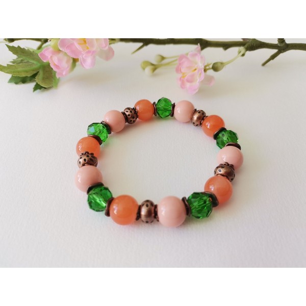 Kit bracelet fil élastique perles en verre vert, orange et rose - Photo n°1