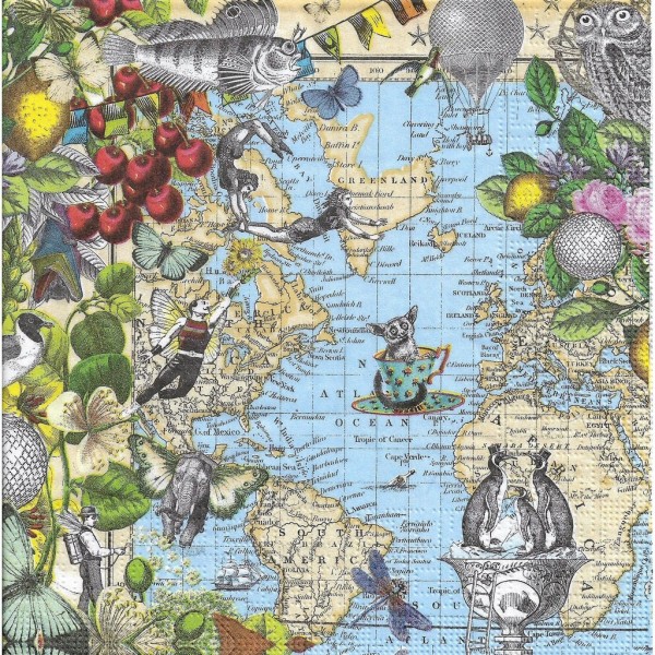 4 Serviettes en papier Carte du monde de Pabuku Format Lunch Decoupage Decopatch 133-4111 PPD - Photo n°2