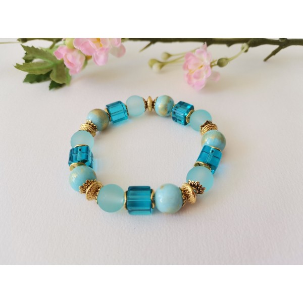 Kit bracelet fil élastique perles jade bleu - Photo n°1