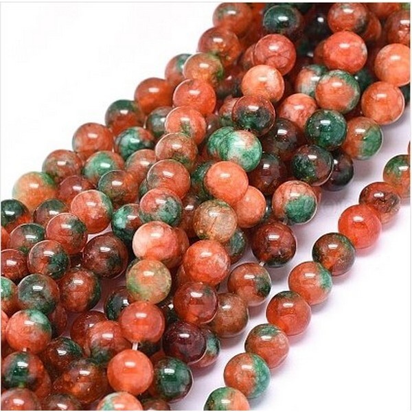 Fil de 46 perles ronde naturelle jade teintée fabrication bijoux 8 mm ORANGE VERT - Photo n°1