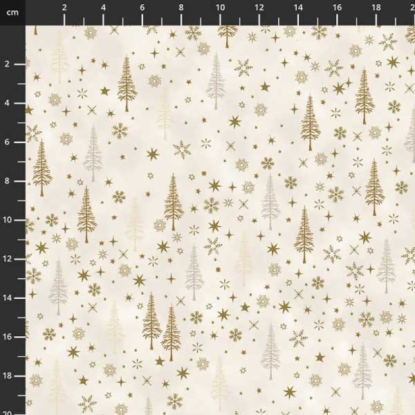 Tissu de noel - sapin et étoiles blanc / doré - STOF FABRICS - coton - 10cm/laize - Photo n°1