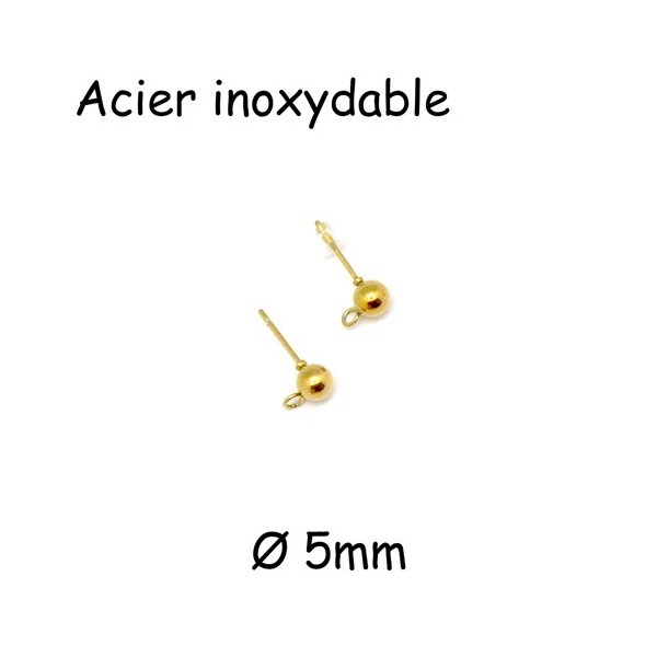 4 Supports Clous D'oreilles En Acier Inoxydable Doré - Puces Avec Boule 5mm - 2 Paires - Photo n°1