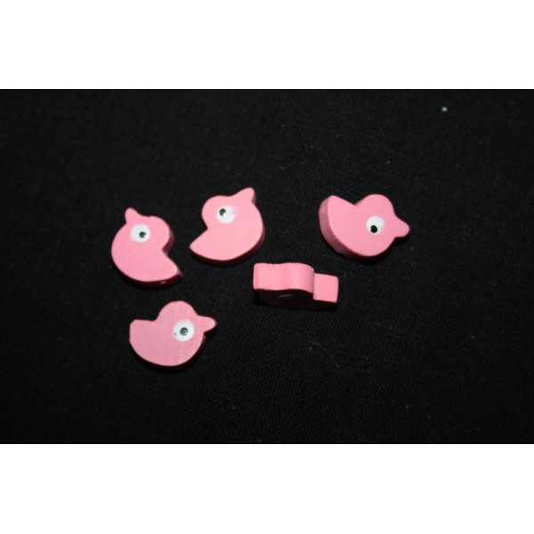 Lot de 5 perles enbois pour enfant de couelur rose en forme d'oiseau - Photo n°1