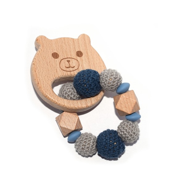 Kit DIY Hochet - anneau de dentition ourson - perles bois et crochets gris, bleu marine - Photo n°1