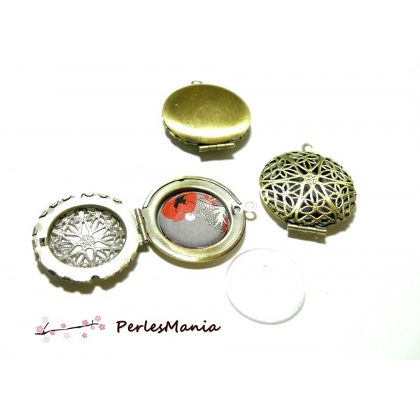 10 pièces: 5 pendentifs médaillon photo bronze ajouré dentelle ID3380 et 5 cabochons - Photo n°1