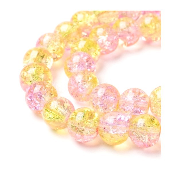 H112603 Lot 1 fil de 130 perles de verre - rondes - 6 mm - craquelé - rose et jaune pale - Photo n°1