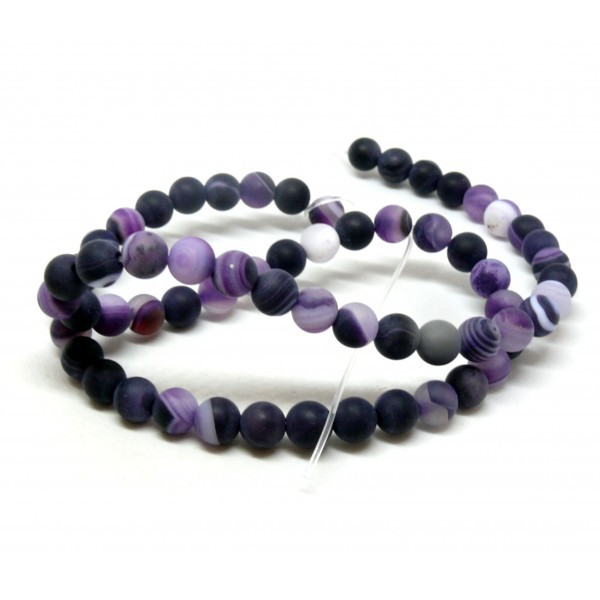 HK16612 Lot 1 fil d'environ 60 Perles Rondes, Agate Veinée 6 mm, effet givre Violet Coloris 02 - Photo n°1