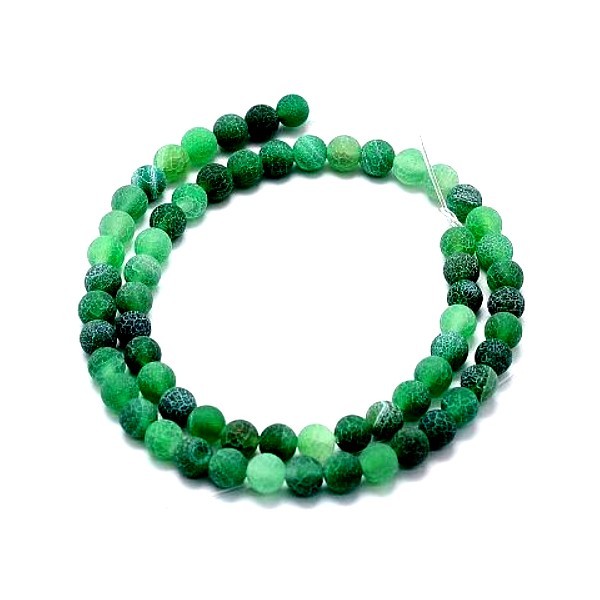 HF367 Lot 1 fil d'environ 38 perles rondes 10 mm, Agate craquelée, effet givre, Vert Foncé coloris - Photo n°1