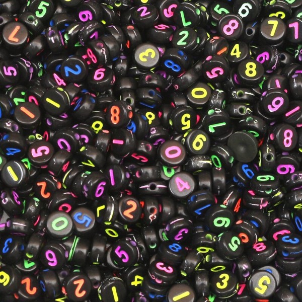 PERLES ACRYLIQUES : 100 rondes noires avec chiffres multicolores 7mm - Photo n°1