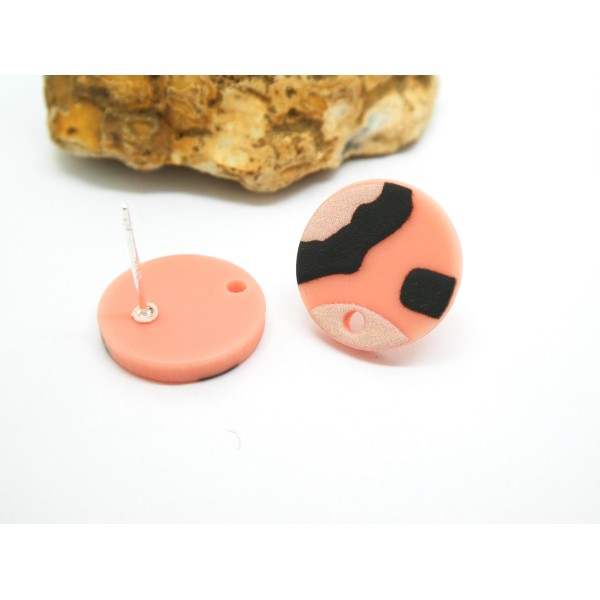 2 Paires boucles d'oreilles puce avec trou, rond 15mm acrylique rose et noir - Photo n°2