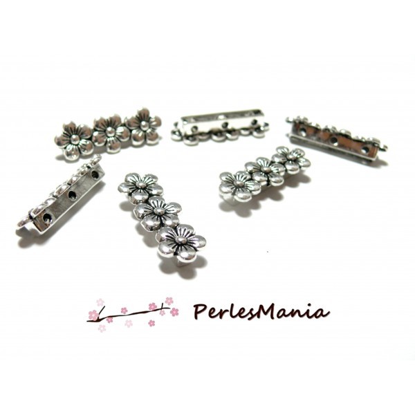 PS1100961 PAX 5 perles intercalaire, séparateurs TRIPLE FLEURS metal coloris Argent Antique - Photo n°1