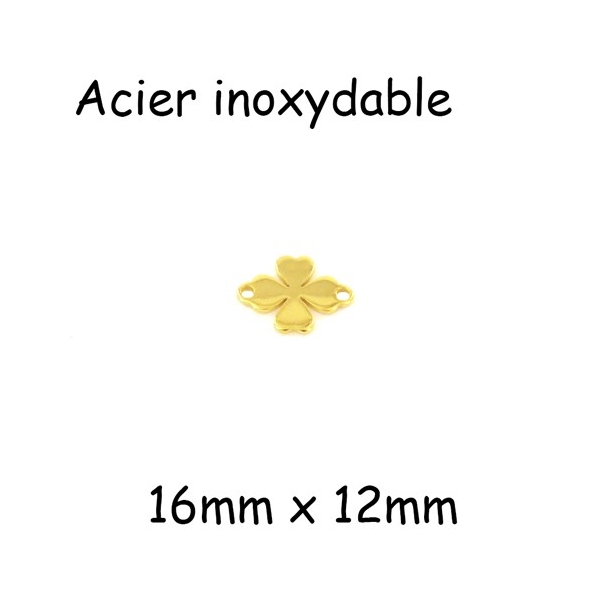 2 Perles Connecteur Trèfle À 4 Feuilles Porte-bonheur En Acier Inox Doré - 16mm X 12mm - Photo n°1