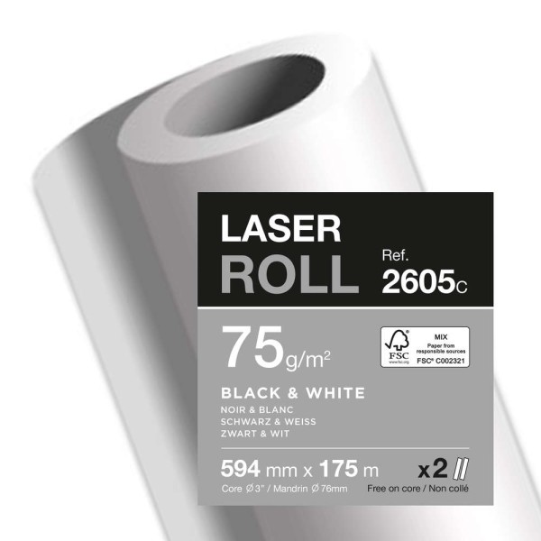 Papier traceur laser - 594 mm x 175 m - 75 g./m² - Photo n°1