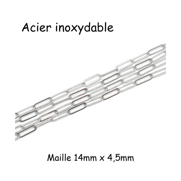 50cm De Chaine Grande Maille Rectangle Trombone En Acier Inoxydable Argenté - 14mm X 4,5mm - Photo n°1