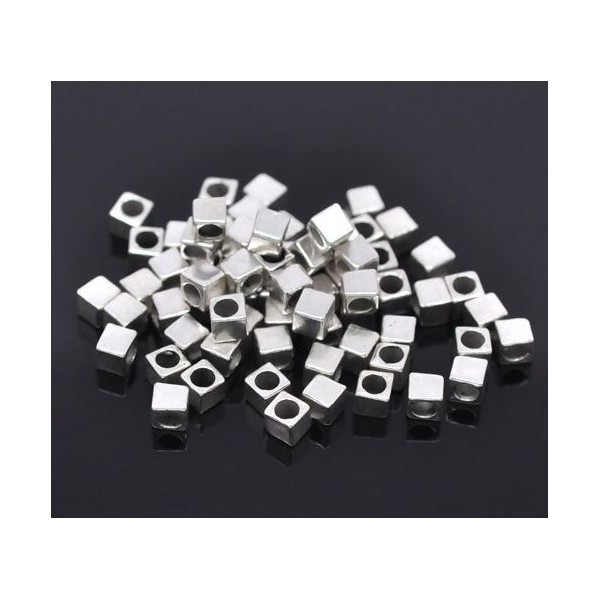 PS1103791 PAX 50 perles intercalaire, petits cube 4mm trou 2.7mm, métal couleur Argent Antique - Photo n°1