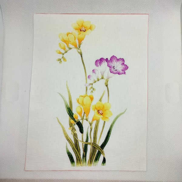 Coupon tissu - fleur jaune mauve - coton épais - 15x20cm - Photo n°1