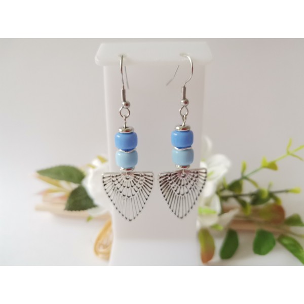 Kit boucles d'oreilles crochets acier inoxydable et perles bleues - Photo n°1