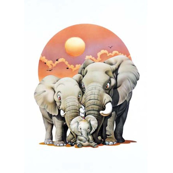 Image 3D Animaux - Eléphants et coucher de soleil 24 x 30 cm - Photo n°1