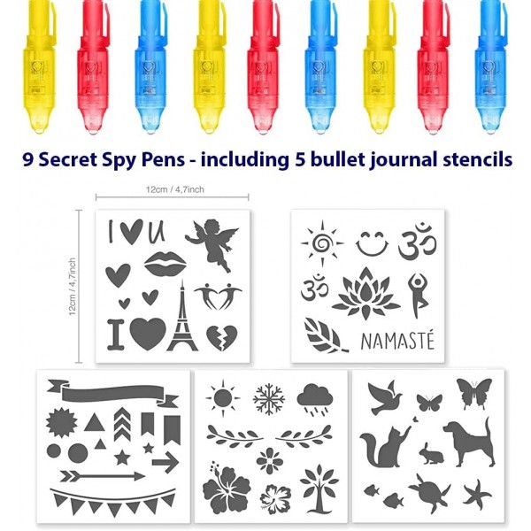 Kit 9 stylos secret avec encre invisible + 5 pochoirs Qbix - Photo n°2