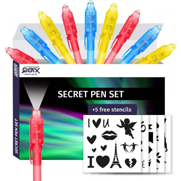 Kit 9 stylos secret avec encre invisible + 5 pochoirs Qbix - Photo n°1