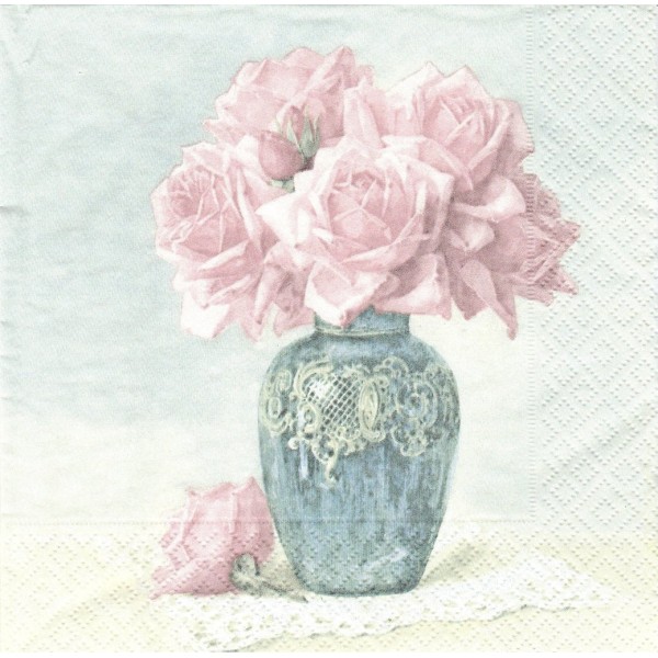 4 Serviettes en papier Vase de Roses Format Lunch 80080 Sagen Vintage Decoupage Decopatch - Photo n°2