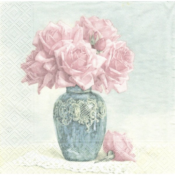 4 Serviettes en papier Vase de Roses Format Lunch 80080 Sagen Vintage Decoupage Decopatch - Photo n°1