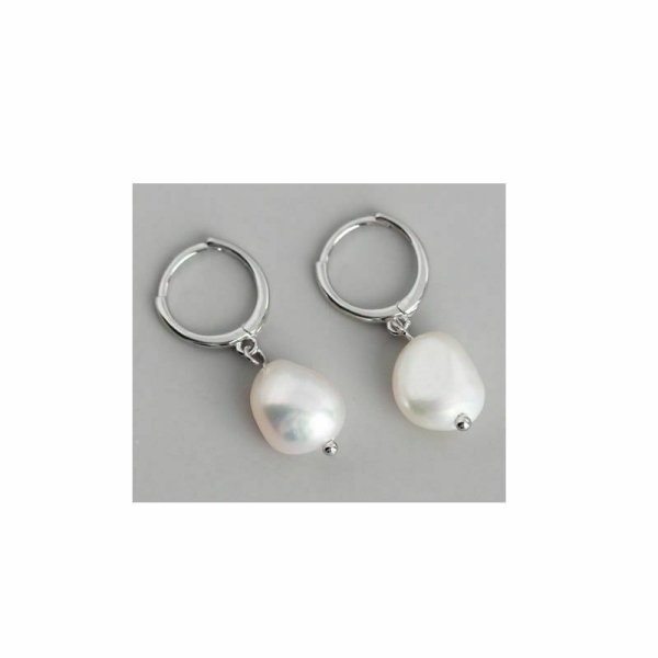 1set Blanc Silver Natural Pearl 925 Sterling Silver Platinum Plaqué 10mm Bead Earrings, Oval baroque - Photo n°1