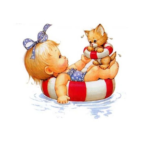 Image 3D Enfant - Fillette et chaton à la piscine 24 x 30 cm - Photo n°1