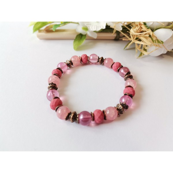 Kit bracelet fil élastique perles ton vieux rose et framboise - Photo n°1