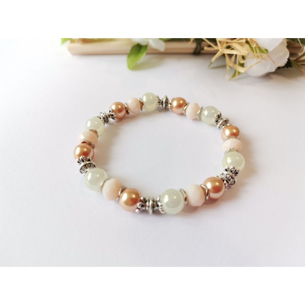 Kit bracelet fil élastique perles ton beige et ambre - Photo n°1