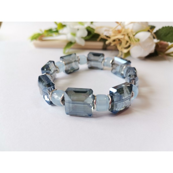 Kit bracelet fil élastique perles en verre électroplate carré bleu - Photo n°1