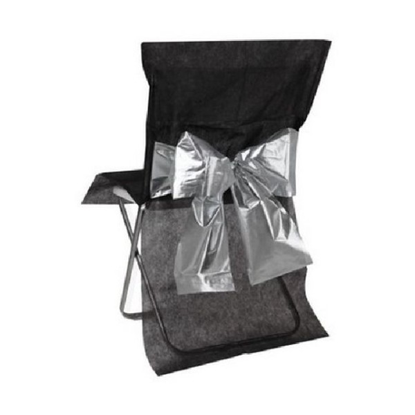 Housse de chaise mariage intissée noire avec noeud argent x4 - Photo n°1