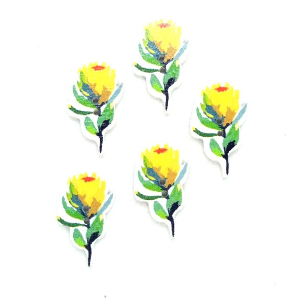 5 Boutons en bois fantaisie - fleur jaune - 30x16mm - BRI601 - Photo n°1